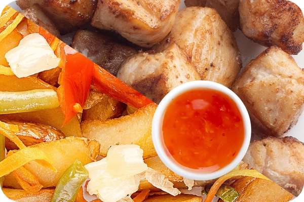 Заказать "Картофель по-деревенски (овощи) + Курица + Свит Чили (острый)" с доставкой в Нагаево от ресторана Farfor Картофель по-деревенски (овощи) + Курица + Свит Чили (острый)