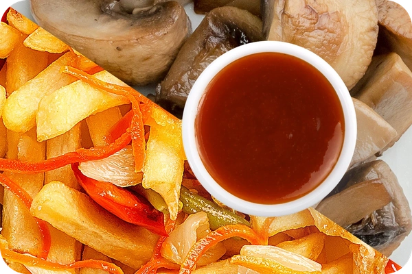 Заказать "Картофель фри (овощи) + Грибы шампиньоны + Остро-сладкий соус" с доставкой в Нагаево от ресторана Farfor Картофель фри (овощи) + Грибы шампиньоны + Остро-сладкий соус
