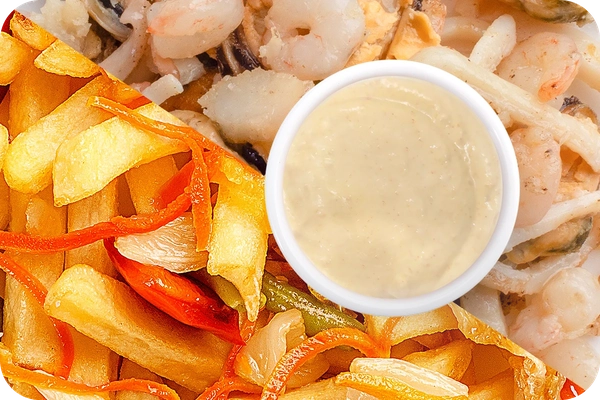 Заказать "Картофель фри (овощи) + Морепродукты + Соус сливочный Кимчи (острый)" с доставкой в Нагаево от ресторана Farfor Картофель фри (овощи) + Морепродукты + Соус сливочный Кимчи (острый)