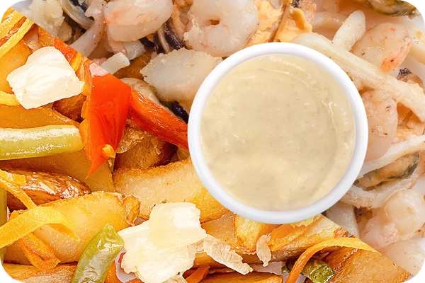 Заказать "Картофель по-деревенски (овощи) + Морепродукты + Соус сливочный Кимчи (острый)" с доставкой в Нагаево от ресторана Farfor Картофель по-деревенски (овощи) + Морепродукты + Соус сливочный Кимчи (острый)