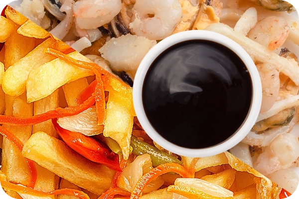 Заказать "Картофель фри (овощи) + Морепродукты + Соус Терияки" с доставкой в Нагаево от ресторана Farfor Картофель фри (овощи) + Морепродукты + Соус Терияки