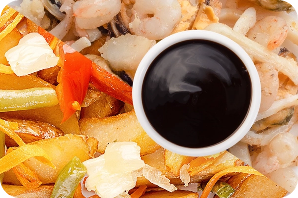 Заказать "Картофель по-деревенски (овощи) + Морепродукты + Соус Терияки" с доставкой в Нагаево от ресторана Farfor Картофель по-деревенски (овощи) + Морепродукты + Соус Терияки