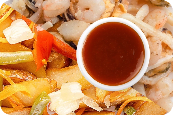 Заказать "Картофель по-деревенски (овощи) + Морепродукты + Остро-сладкий соус" с доставкой в Нагаево от ресторана Farfor Картофель по-деревенски (овощи) + Морепродукты + Остро-сладкий соус