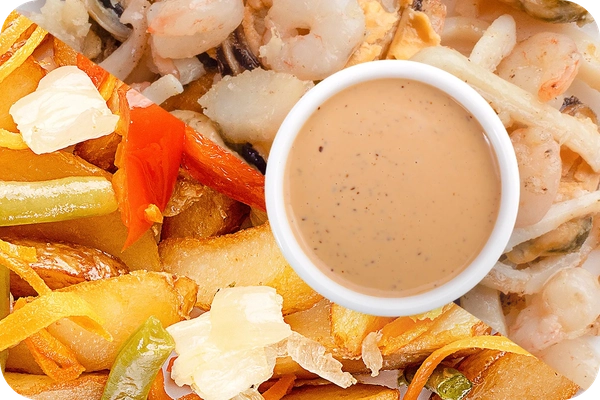 Заказать "Картофель по-деревенски (овощи) + Морепродукты + Соус Гамадари" с доставкой в Нагаево от ресторана Farfor Картофель по-деревенски (овощи) + Морепродукты + Соус Гамадари