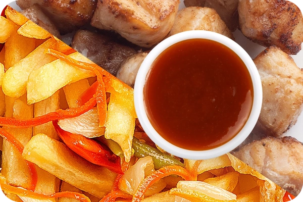 Заказать "Картофель фри (овощи) + Курица + Остро-сладкий соус" с доставкой в Нагаево от ресторана Farfor Картофель фри (овощи) + Курица + Остро-сладкий соус