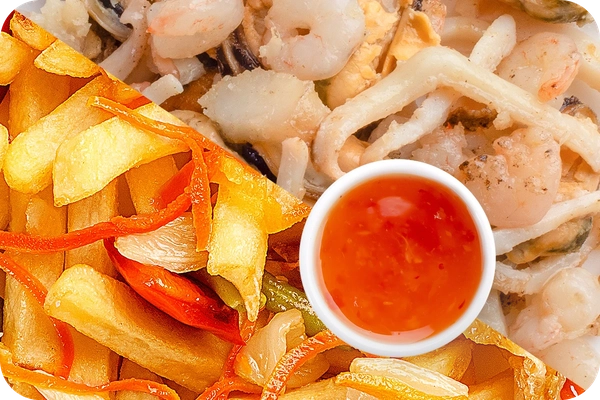 Заказать "Картофель фри (овощи) + Морепродукты + Свит Чили (острый)" с доставкой в Нагаево от ресторана Farfor Картофель фри (овощи) + Морепродукты + Свит Чили (острый)