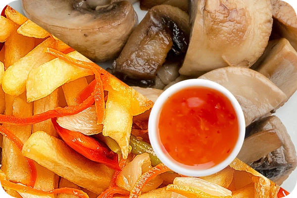 Заказать "Картофель фри (овощи) + Грибы шампиньоны + Свит Чили (острый)" с доставкой в Нагаево от ресторана Farfor Картофель фри (овощи) + Грибы шампиньоны + Свит Чили (острый)