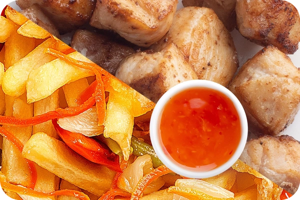 Заказать "Картофель фри (овощи) + Курица + Свит Чили (острый)" с доставкой в Нагаево от ресторана Farfor Картофель фри (овощи) + Курица + Свит Чили (острый)