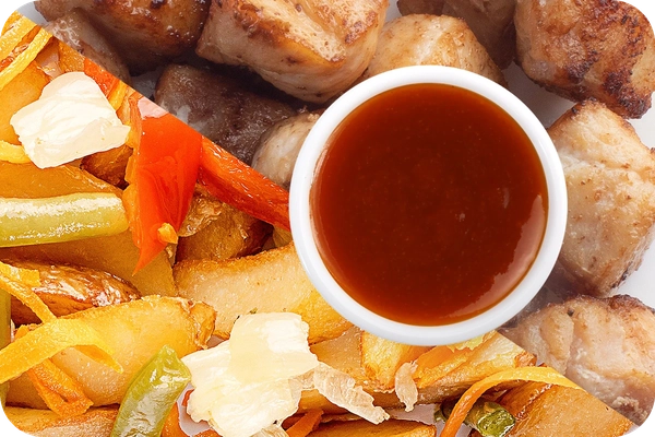 Заказать "Картофель по-деревенски (овощи) + Курица + Остро-сладкий соус" с доставкой в Нагаево от ресторана Farfor Картофель по-деревенски (овощи) + Курица + Остро-сладкий соус