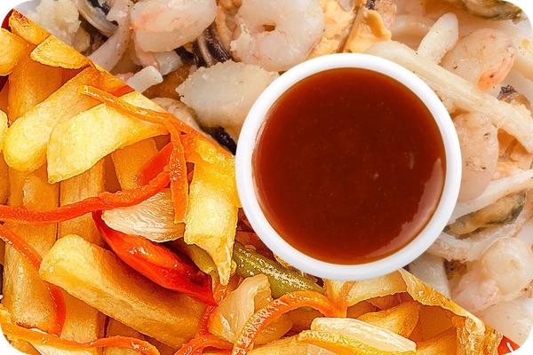 Заказать "Картофель фри (овощи) + Морепродукты + Остро-сладкий соус" с доставкой в Нагаево от ресторана Farfor Картофель фри (овощи) + Морепродукты + Остро-сладкий соус