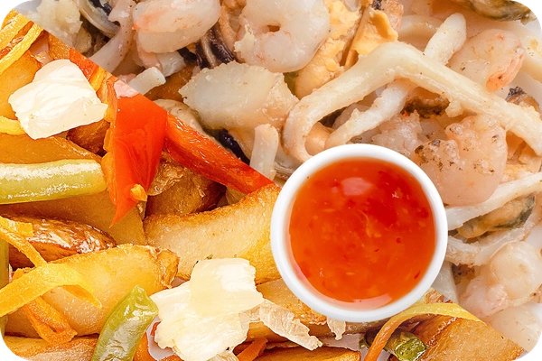 Заказать "Картофель по-деревенски (овощи) + Морепродукты + Свит Чили (острый)" с доставкой в Нагаево от ресторана Farfor Картофель по-деревенски (овощи) + Морепродукты + Свит Чили (острый)