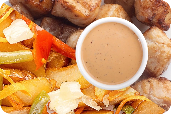 Заказать "Картофель по-деревенски (овощи) + Курица + Соус Гамадари" с доставкой в Нагаево от ресторана Farfor Картофель по-деревенски (овощи) + Курица + Соус Гамадари