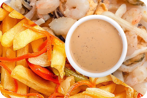 Заказать "Картофель фри (овощи) + Морепродукты + Соус Гамадари" с доставкой в Нагаево от ресторана Farfor Картофель фри (овощи) + Морепродукты + Соус Гамадари